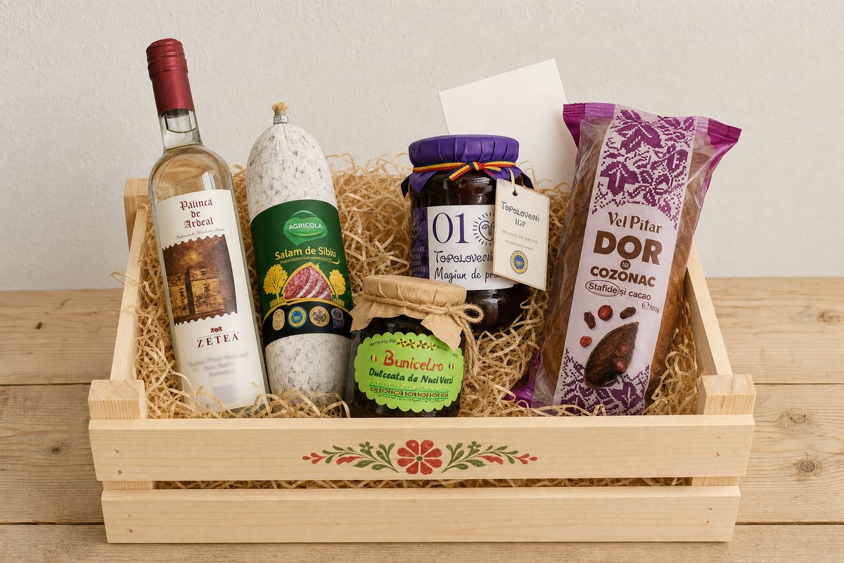 Cadoul cu Pălincă — lădiță cu produsele din listă